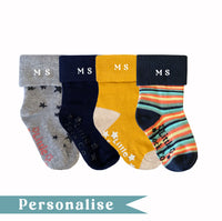 Personalised set of Multi-award winning Non-Slip Stay on Baby and Toddler Socks - Neutral Stripe- 6 months-3 years
