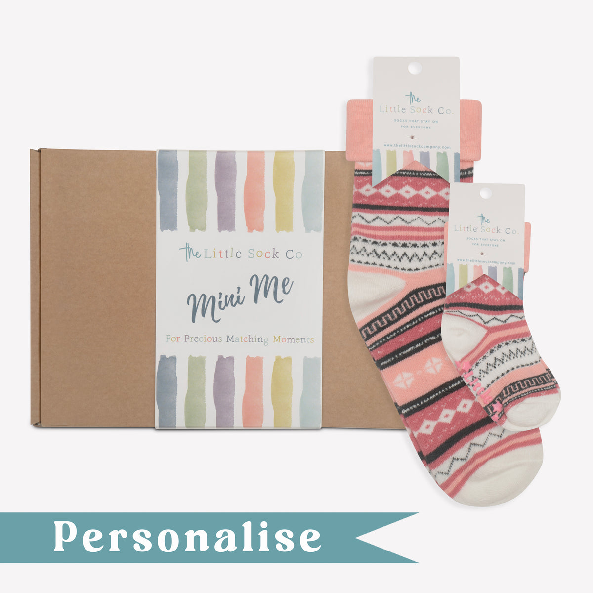 Personalised Mini Me Matching Adult and Child Family Socks Gift Set in Pink Nordic - The Perfect Personalised Christmas Gift