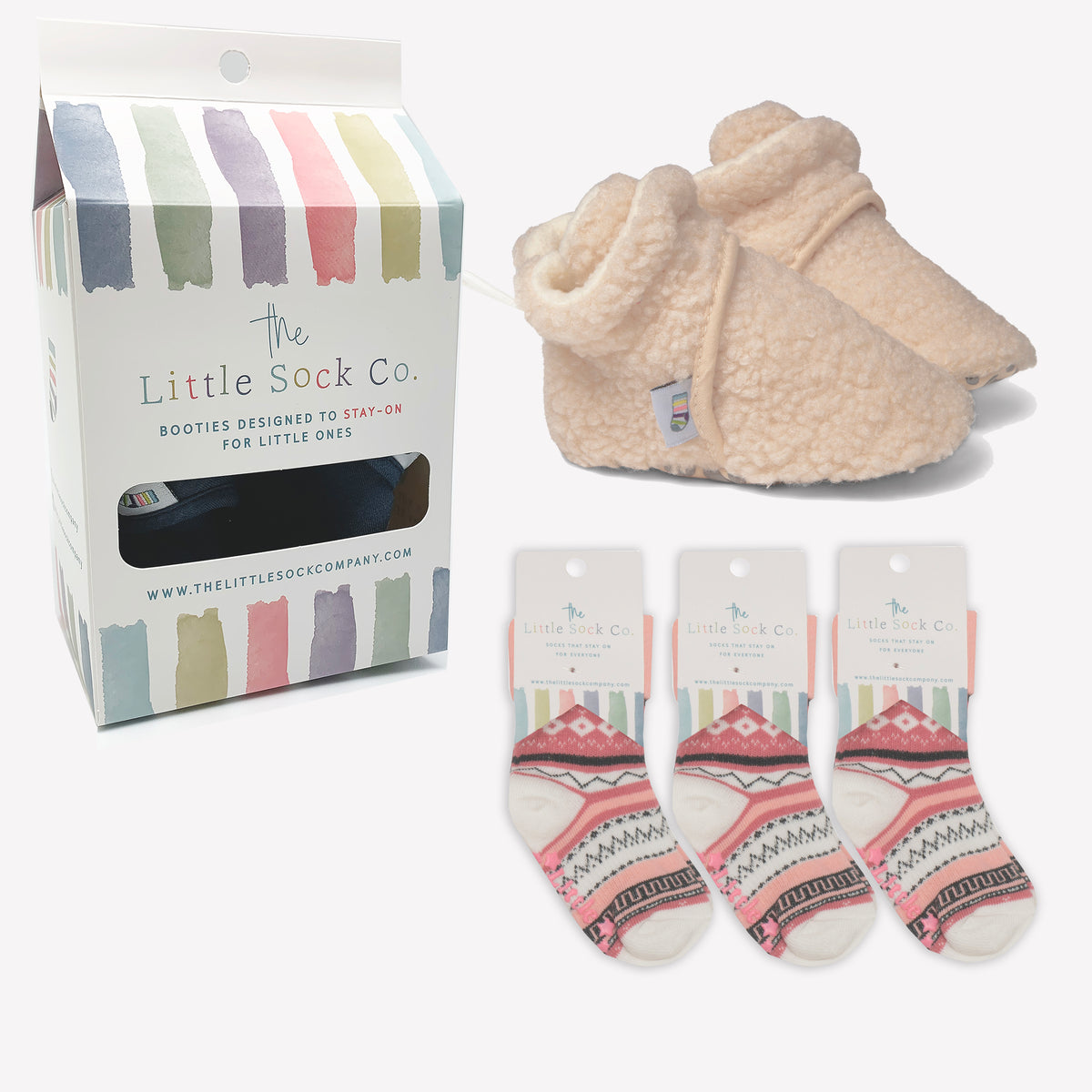 Christmas Bundle of Polar Stay-on, Non-Slip Booties & Pink Nordic Non-slip Stay-on Socks