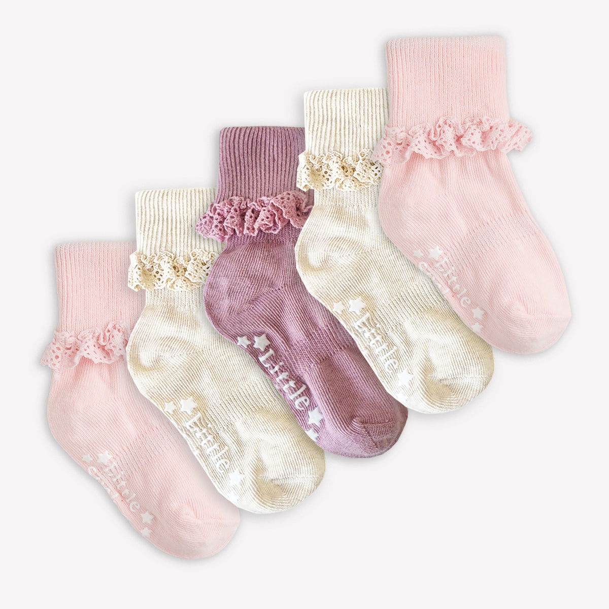 Frilly Non-Slip Stay-on Baby and Toddler Socks - 5 Pack in Oat, Orchid and Pink Lemonade