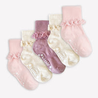 Frilly Non-Slip Stay-on Baby and Toddler Socks - 5 Pack in Oat, Orchid and Pink Lemonade