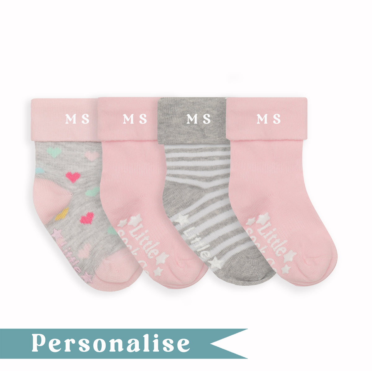 Personalised set of Multi-award winning Non-Slip Stay on Baby and Toddler Socks - Pink - 0-3 years