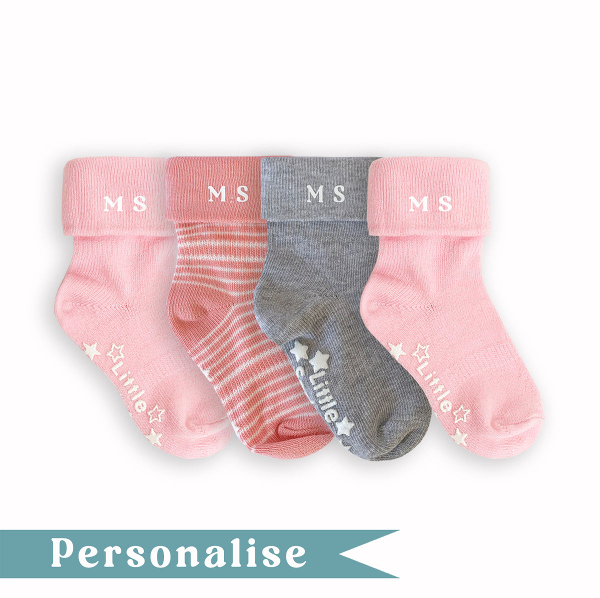 Personalised set of Multi-award winning Non-Slip Stay on Baby and Toddler Socks - Pink - 0-2 years