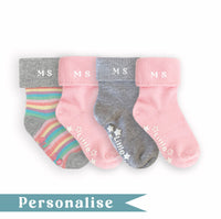 Personalised set of Multi-award winning Non-Slip Stay on Baby and Toddler Socks - Pink - 0-3 years
