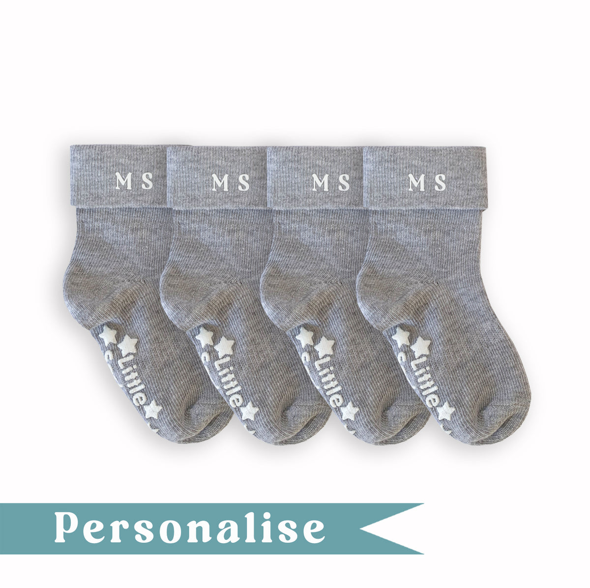 Personalised set of Multi-award winning Non-Slip Stay on Baby and Toddler Socks - Grey - 0-6 years