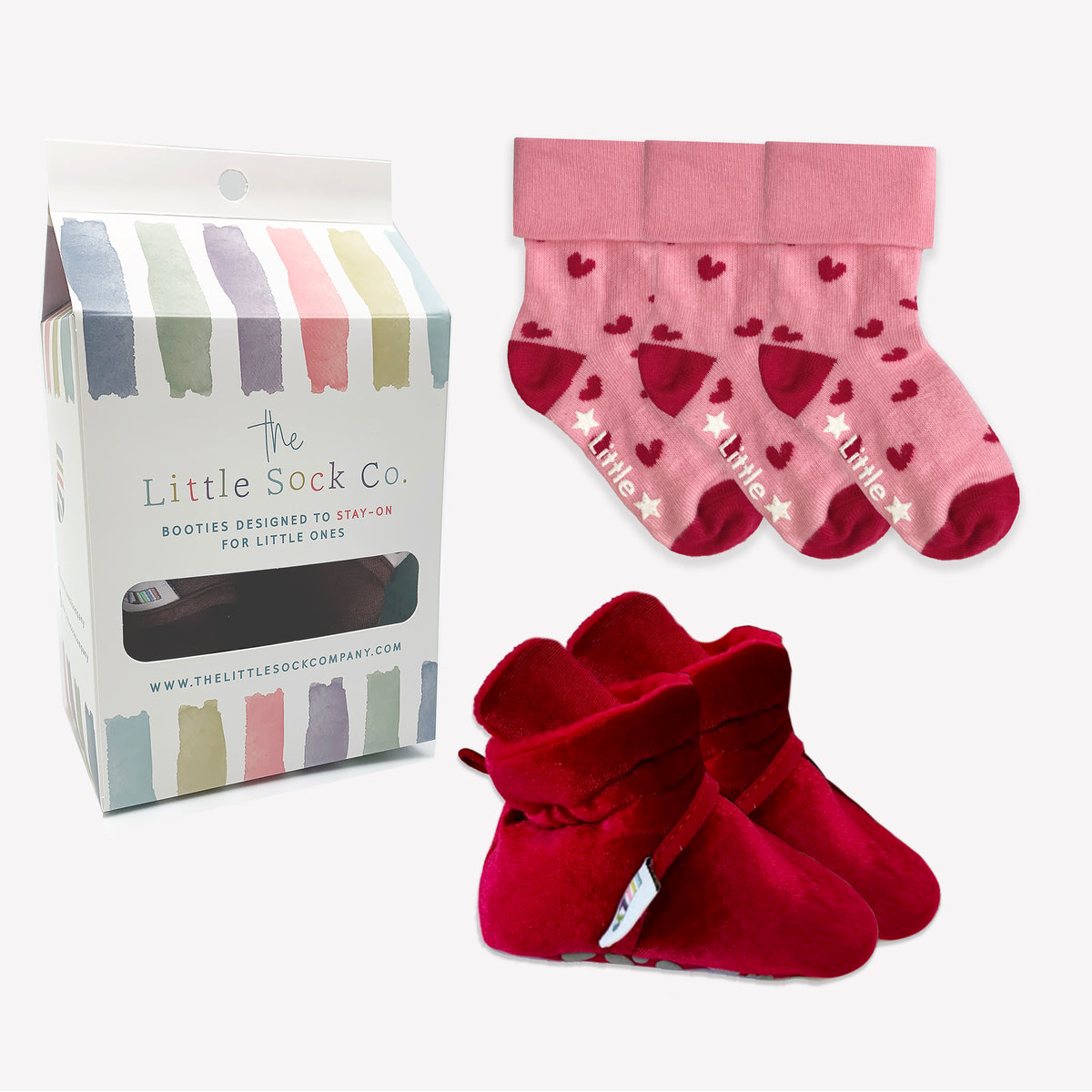 Stay-on, Non-Slip Crimson Red Velvet Booties + Amore Sock Bundle