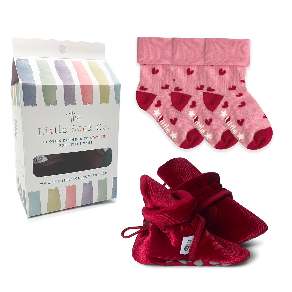 Stay-on, Non-Slip Crimson Red Velvet Booties + Amore Sock Bundle