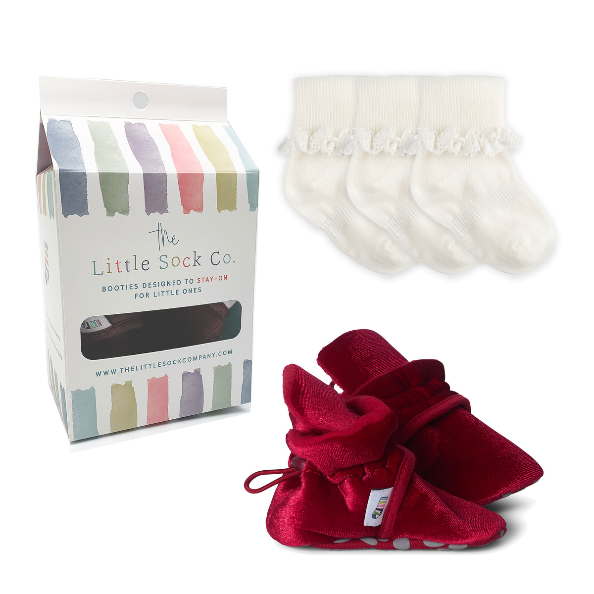 Stay-on, Non-Slip Booties + Frilly Sock Bundle | Crimson Red + Pearl White