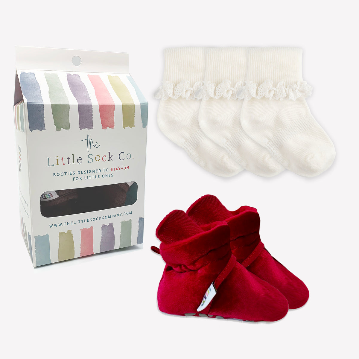 Stay-on, Non-Slip Crimson Red Velvet Booties + Frilly Sock Bundle