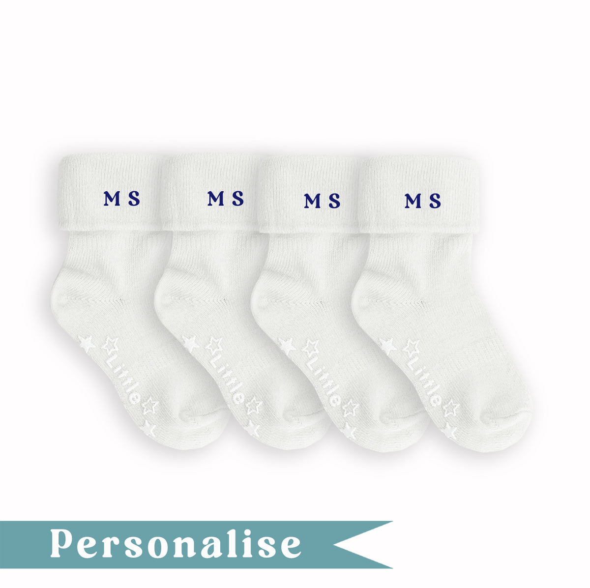Personalised set of Multi-award winning Non-Slip Stay on Baby and Toddler Socks - White - 0-3 years