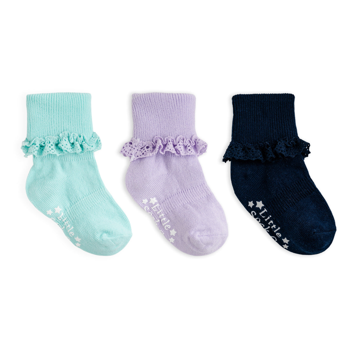 Frilly Non-Slip Stay-On Baby and Toddler Socks - 3 Pack in Navy, Paradiso and Amethyst
