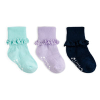 Frilly Non-Slip Stay-On Baby and Toddler Socks - 3 Pack in Navy, Paradiso and Amethyst