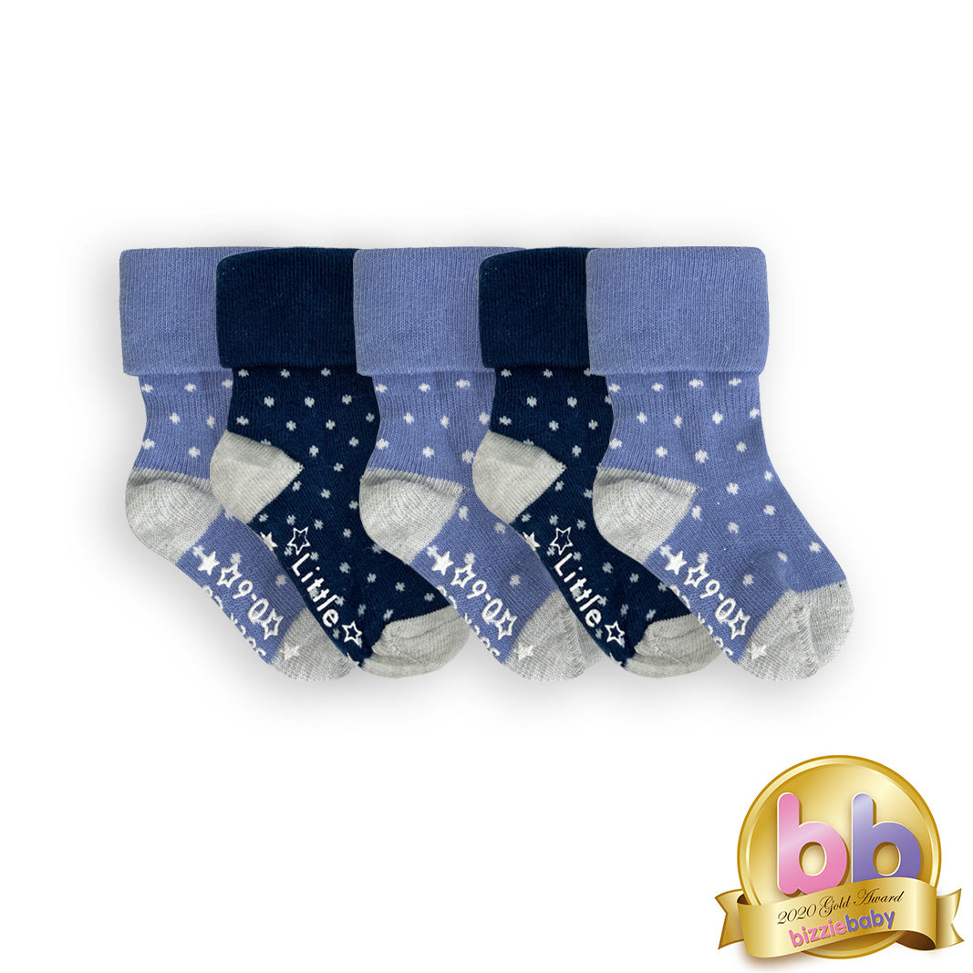 OUTLET - Non-Slip Stay on Baby and Toddler Socks - 5 Pack in Cornflower and Navy