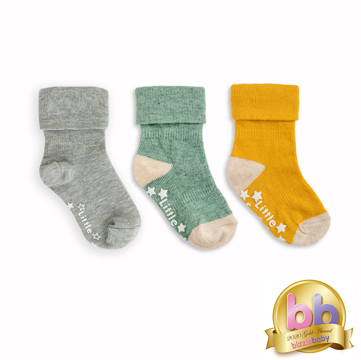 Non-Slip Stay On Baby and Toddler Socks - 3 Pack in Mustard, Grey and Forest Green