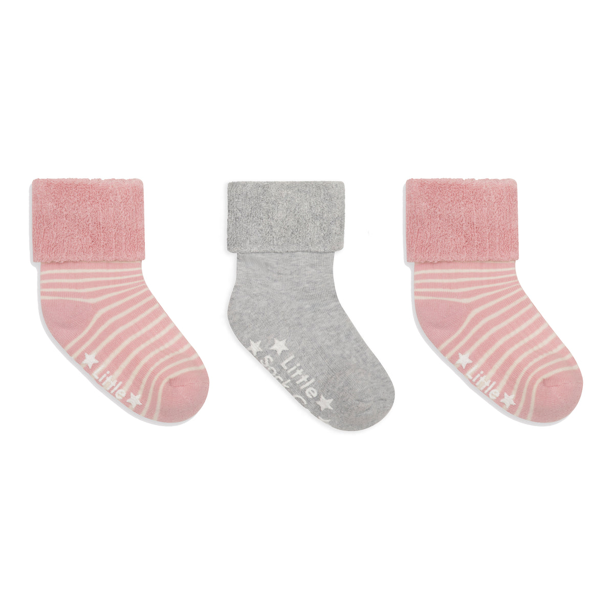 Cosy Stay On Winter Warm Non Slip Socks - 3 Pack in Pink Stripe & Grey