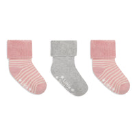 Cosy Stay On Winter Warm Non Slip Socks - 3 Pack in Pink Stripe & Grey