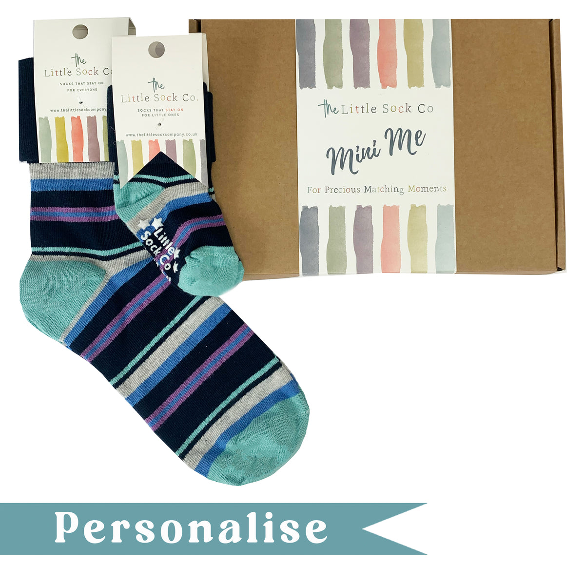 Personalised Mini Me Matching Adults and Child Family Socks Gift Set in Navy Stripe - The Perfect Personalised Birthday or Fathers Day Gift