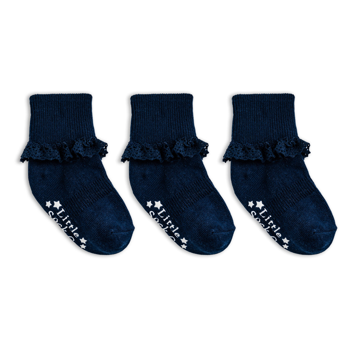 Frilly Non-Slip Stay-On Baby and Toddler Socks - 3 Pack in Plain Navy