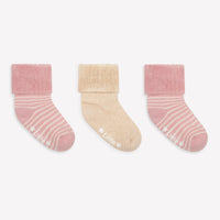 Cosy Stay On Winter Warm Non Slip Socks - 3 Pack in Pink Stripe & Biscuit