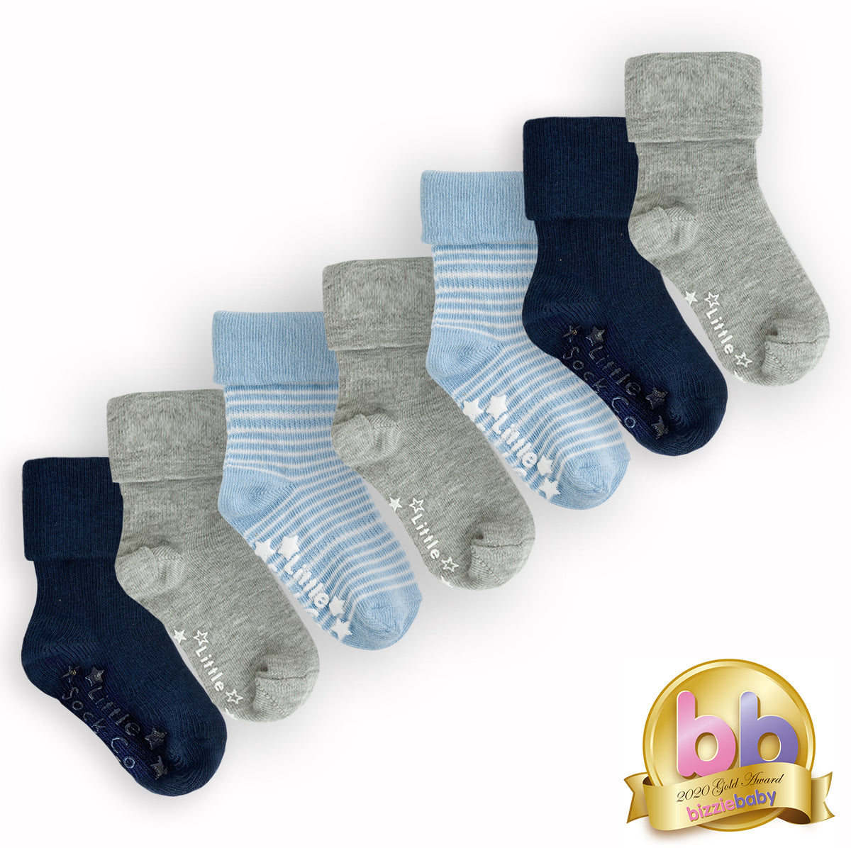Non-Slip Stay On Baby and Toddler Socks - 7 Pack in Navy, Blue and Grey