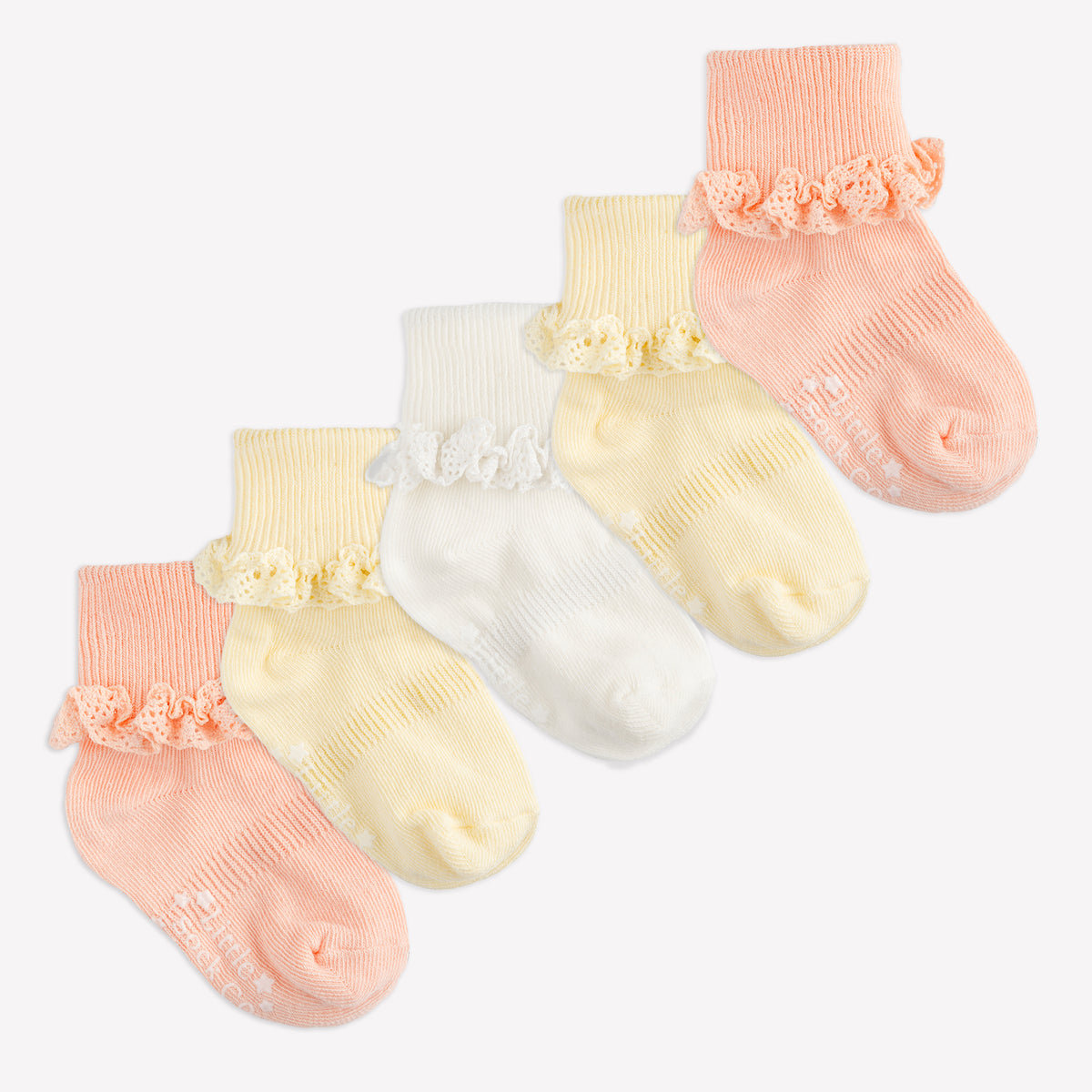 Frilly Non-Slip Stay-on Baby and Toddler Socks - 5 Pack in Peaches 'n' Cream, White & Lemon Drop