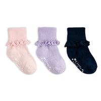 Frilly Non-Slip Stay-On Baby and Toddler Socks - 3 Pack in Pink Lemonade, Navy and Amethyst