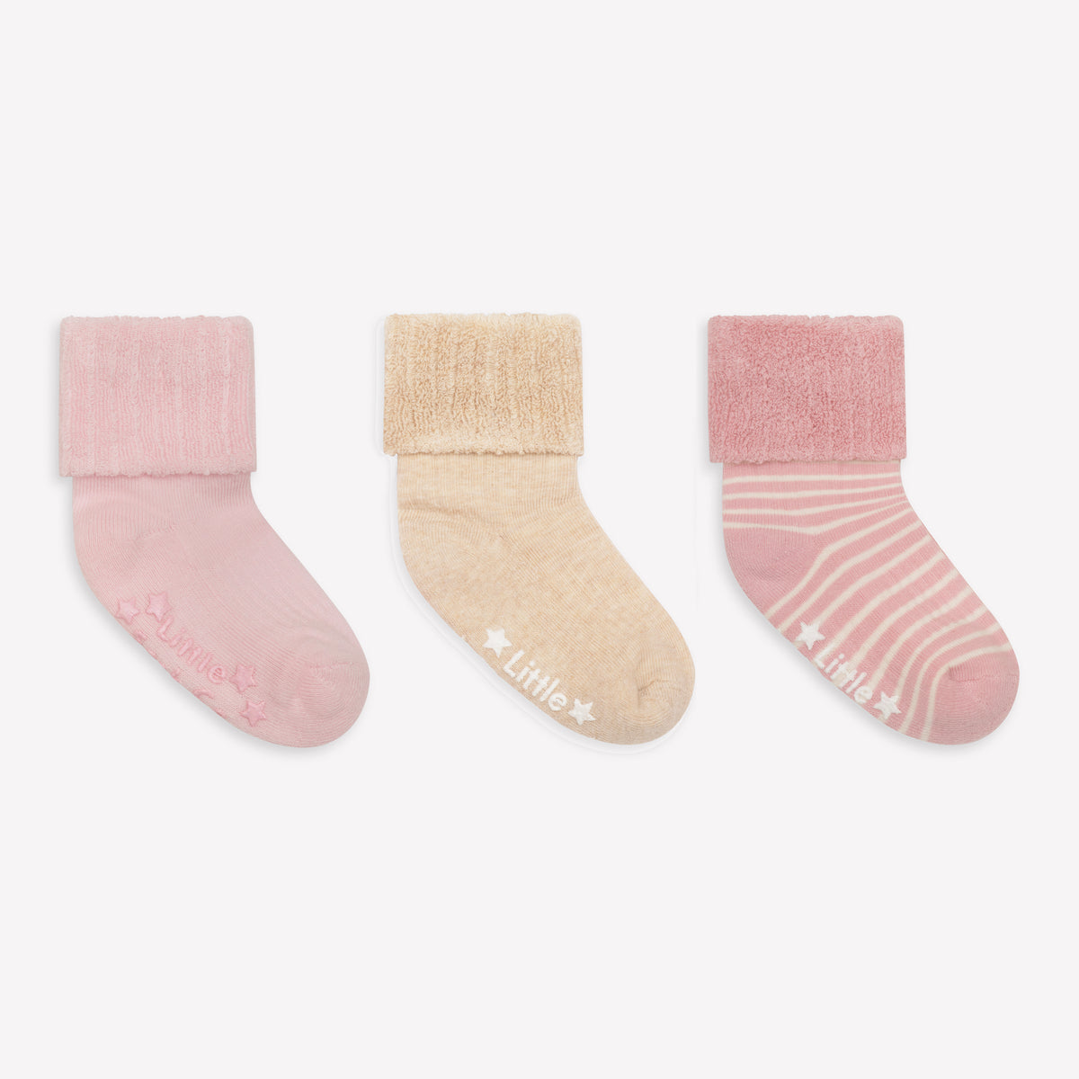 Cosy Stay On Winter Warm Non Slip Socks - 3 Pack in Pink, Stripe & Biscuit