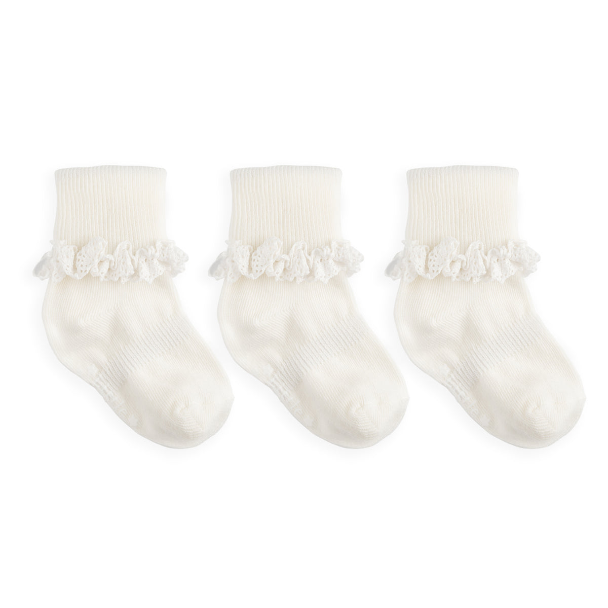 Frilly Non-Slip Stay-On Baby and Toddler Socks - 3 Pack in Plain Pearl White
