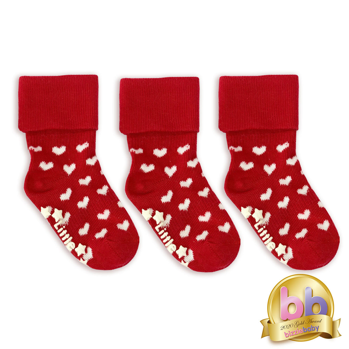 Non-Slip Stay On Baby and Toddler Socks - 3 Pack in Red Hearts