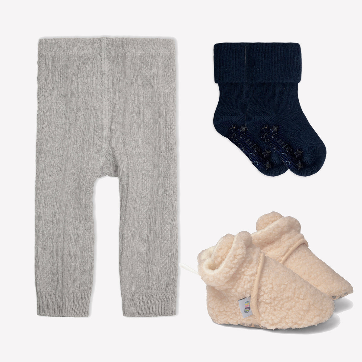 Non-Slip, Stay-on Bootie Bundle + Stay-on Socks + Cable Knit Leggings - Sherpa