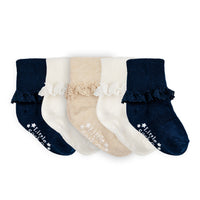 Frilly Non-Slip Stay-on Baby and Toddler Socks - 5 Pack in Navy, Oat and Pearl White