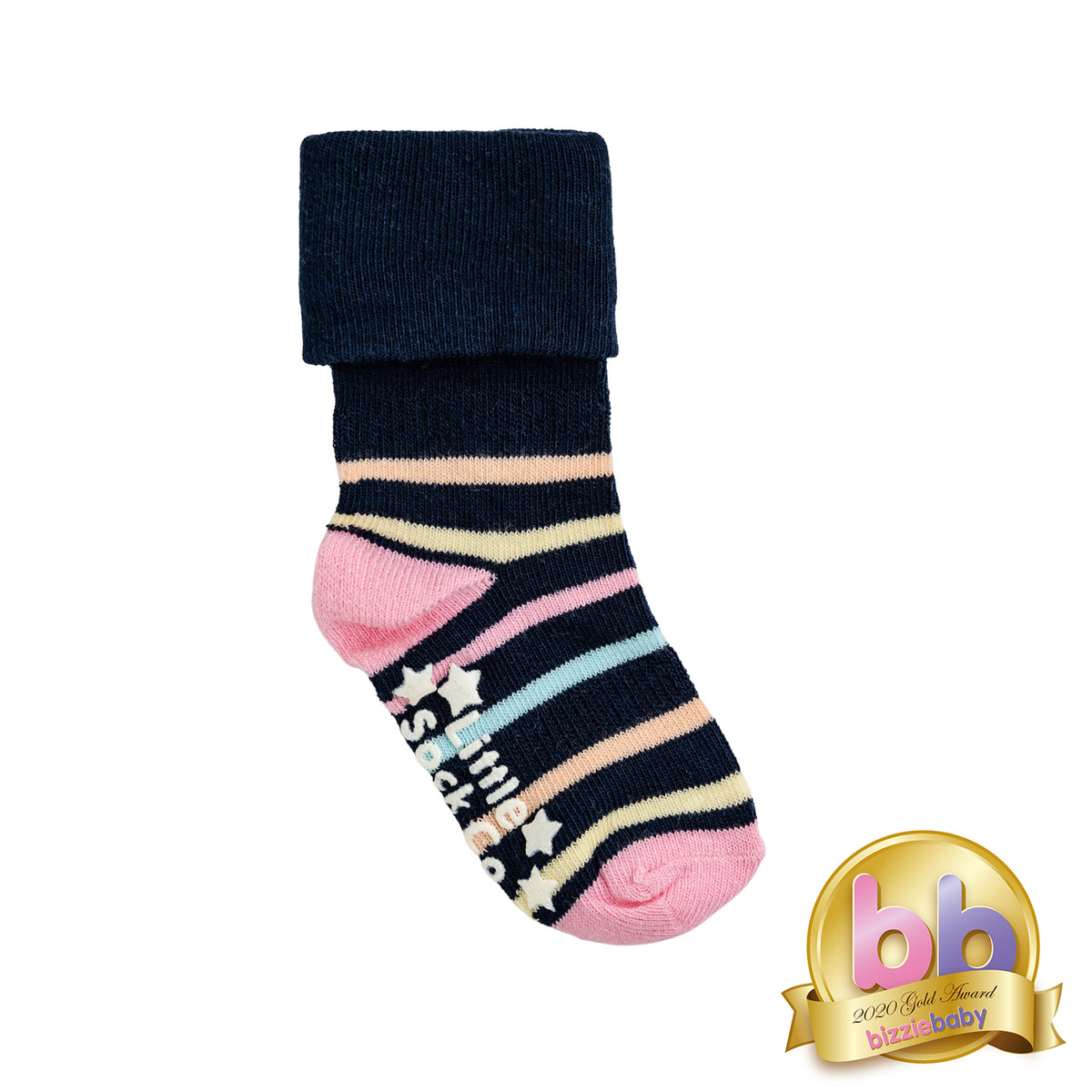 OUTLET Non-Slip Stay On Socks in Navy Rainbow Stripe