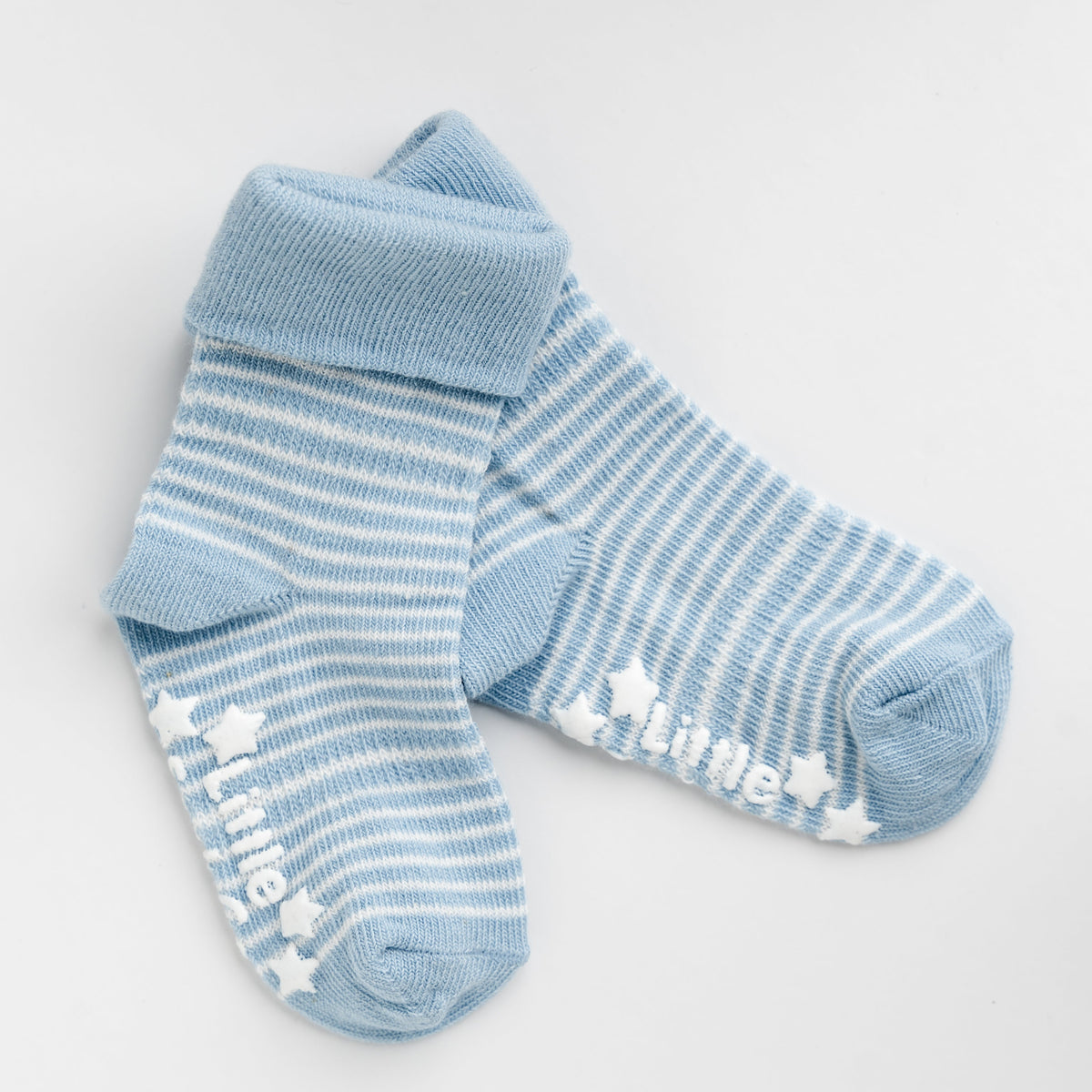 Non-Slip Stay On Baby and Toddler Socks - 3 Pack in Organic Sky Blue Stripe & Grey