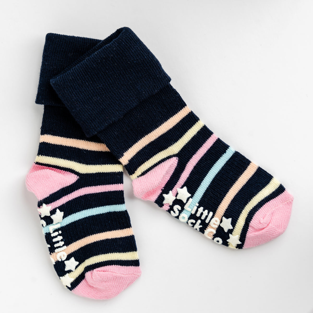 OUTLET Non-Slip Stay on Baby and Toddler Socks - Navy pink multi-stripe - 3 Pack 6-12 months - Outlet
