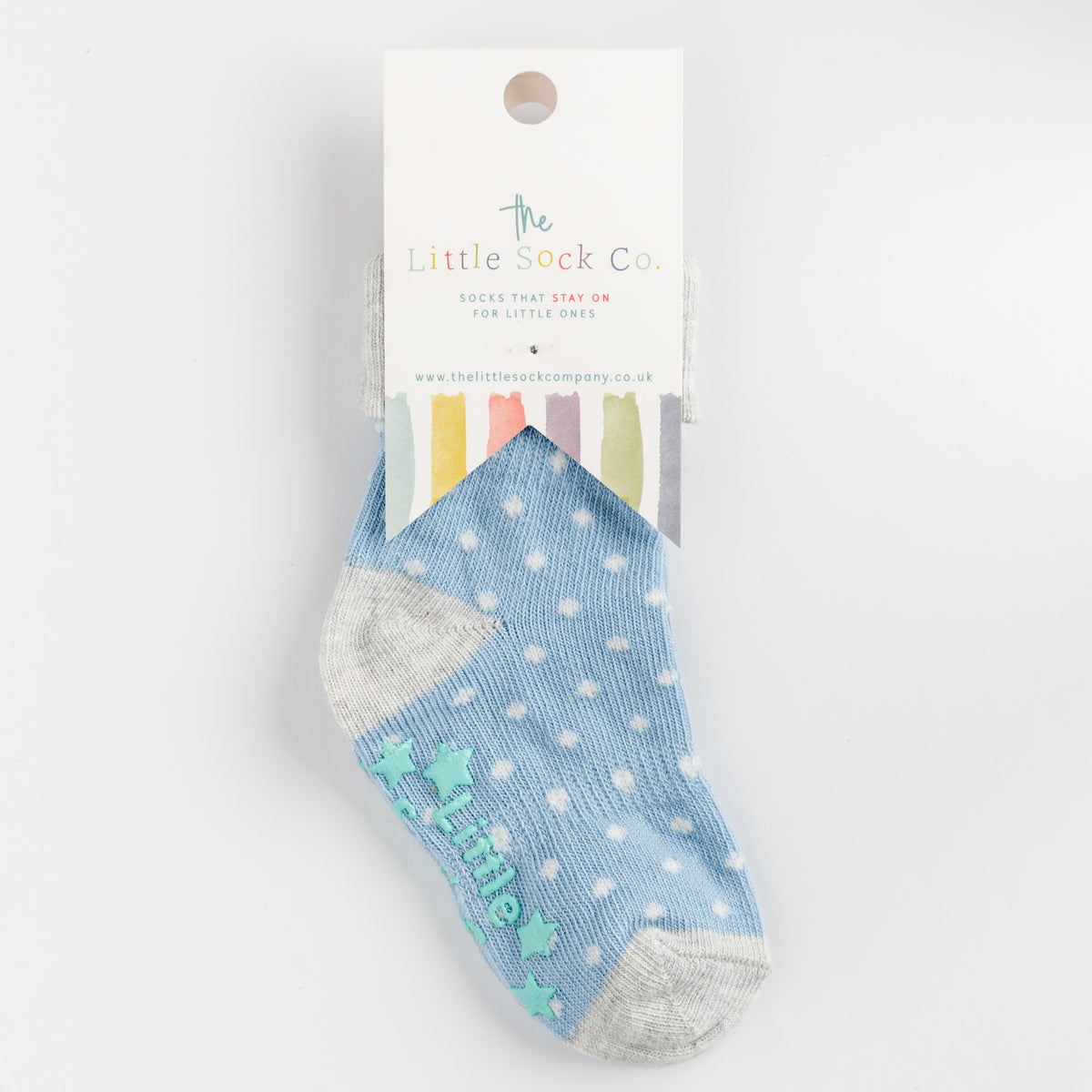 Non-Slip Stay On Socks in Light Blue with white pin dot