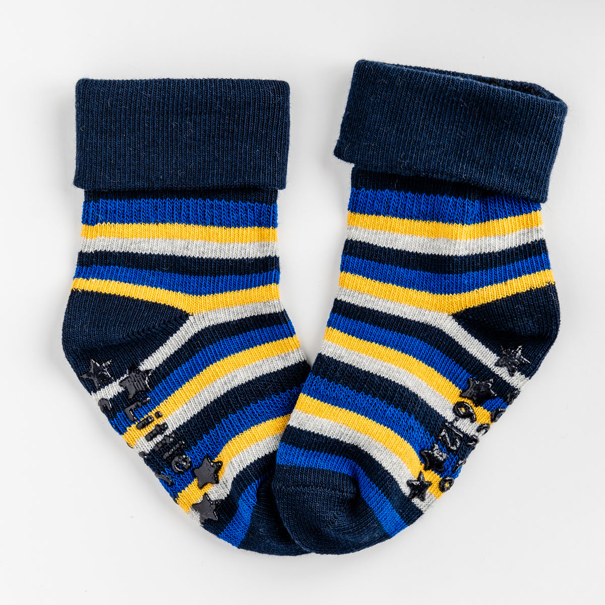 Non-Slip Stay On Socks in Grey, Blue and Mustard stripe