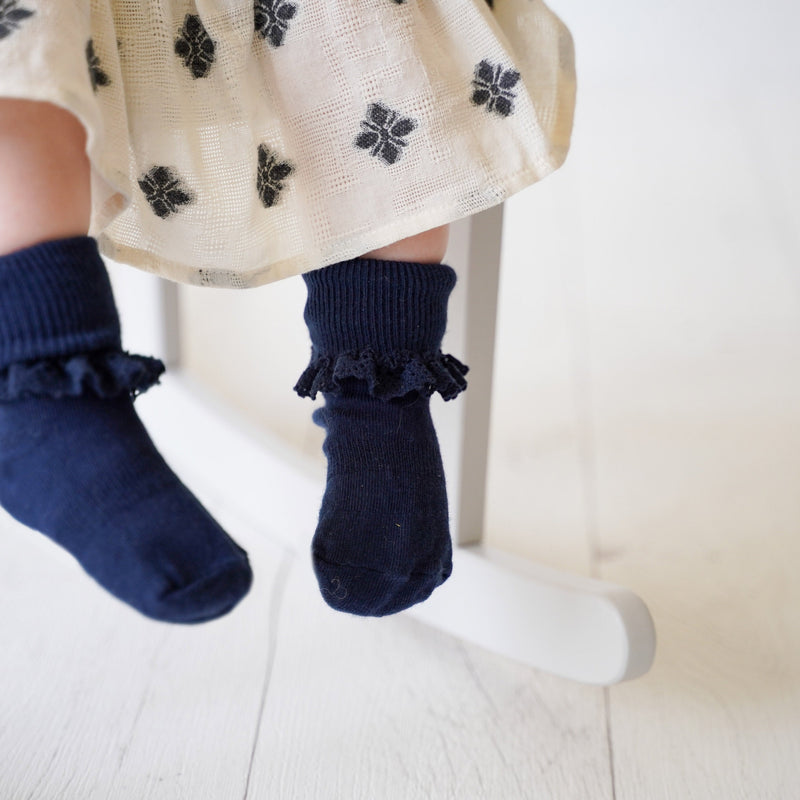 Frilly Non-Slip Stay-On Baby and Toddler Socks - 3 Pack in Plain Navy