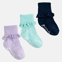 Frilly Non-Slip Stay-On Baby and Toddler Socks - 3 Pack in Navy, Paradiso and Amethyst