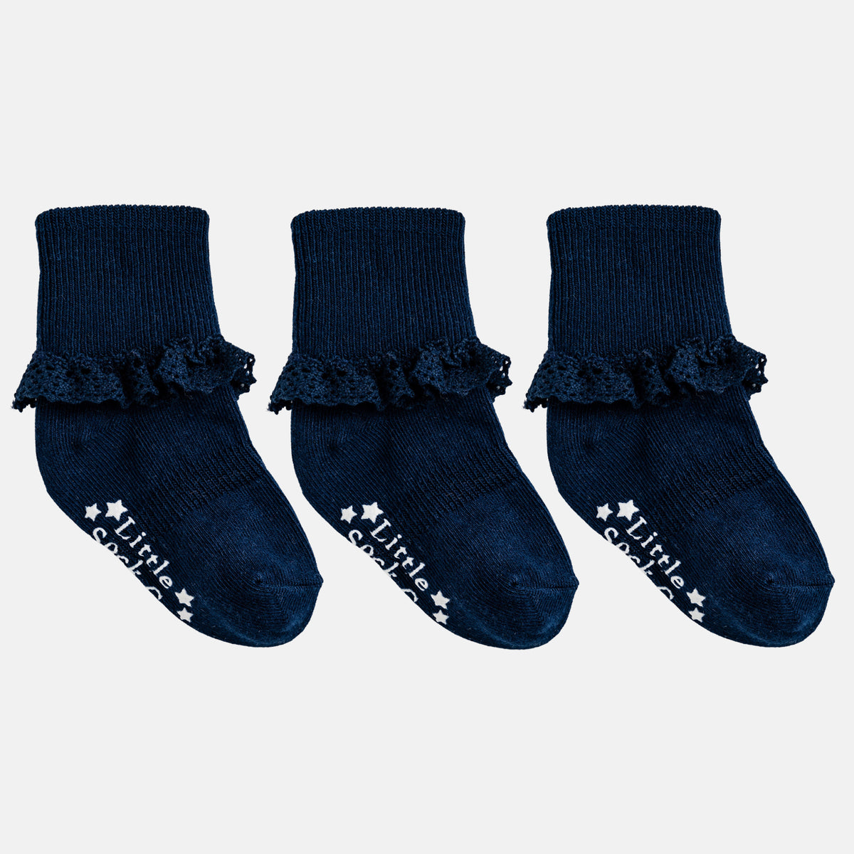 Frilly Non-Slip Stay-On Baby and Toddler Socks - 3 Pack in Plain Navy