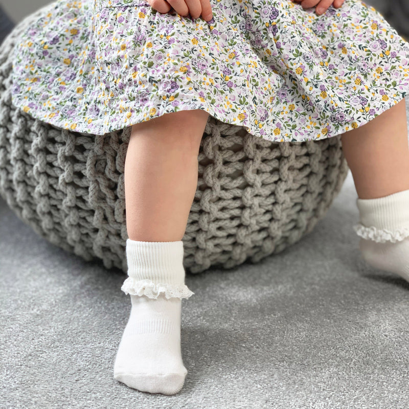 Frilly Non-Slip Stay-On Baby and Toddler Socks - Pearl White