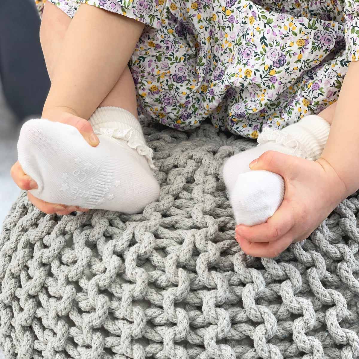 Frilly Non-Slip Stay-On Baby and Toddler Socks - 3 Pack in Plain Pearl White