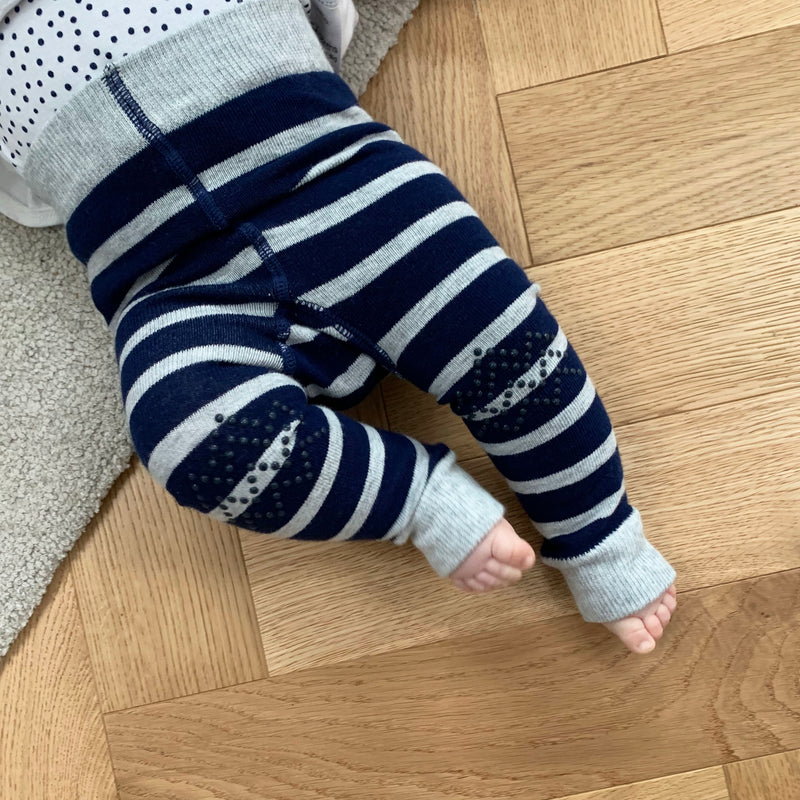 Baby Leggings with non-Slip Silicone Knees - Navy and Grey Wide Stripe