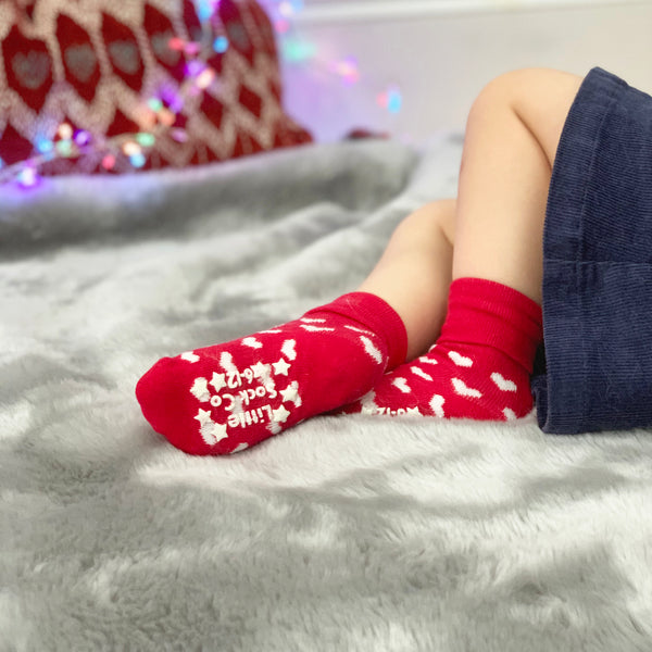 OUTLET - Smaller Fit - Non slip stay on baby and toddler  Socks in Red Hearts