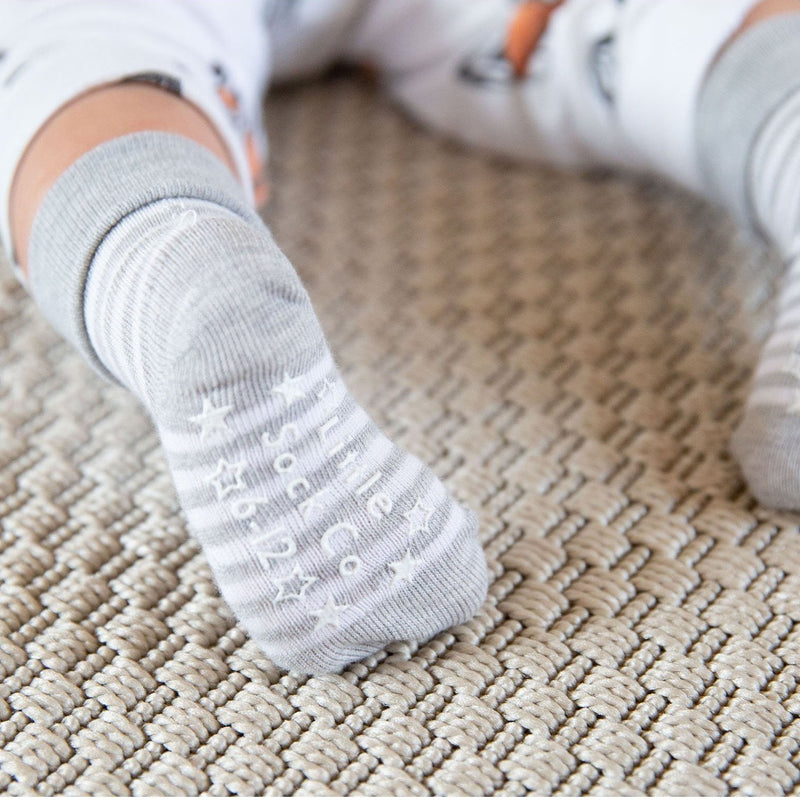 Non-Slip Stay on Baby and Toddler Socks - Grey Marl and White stripe