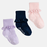 Frilly Non-Slip Stay-On Baby and Toddler Socks - 3 Pack in Pink Lemonade, Navy and Amethyst