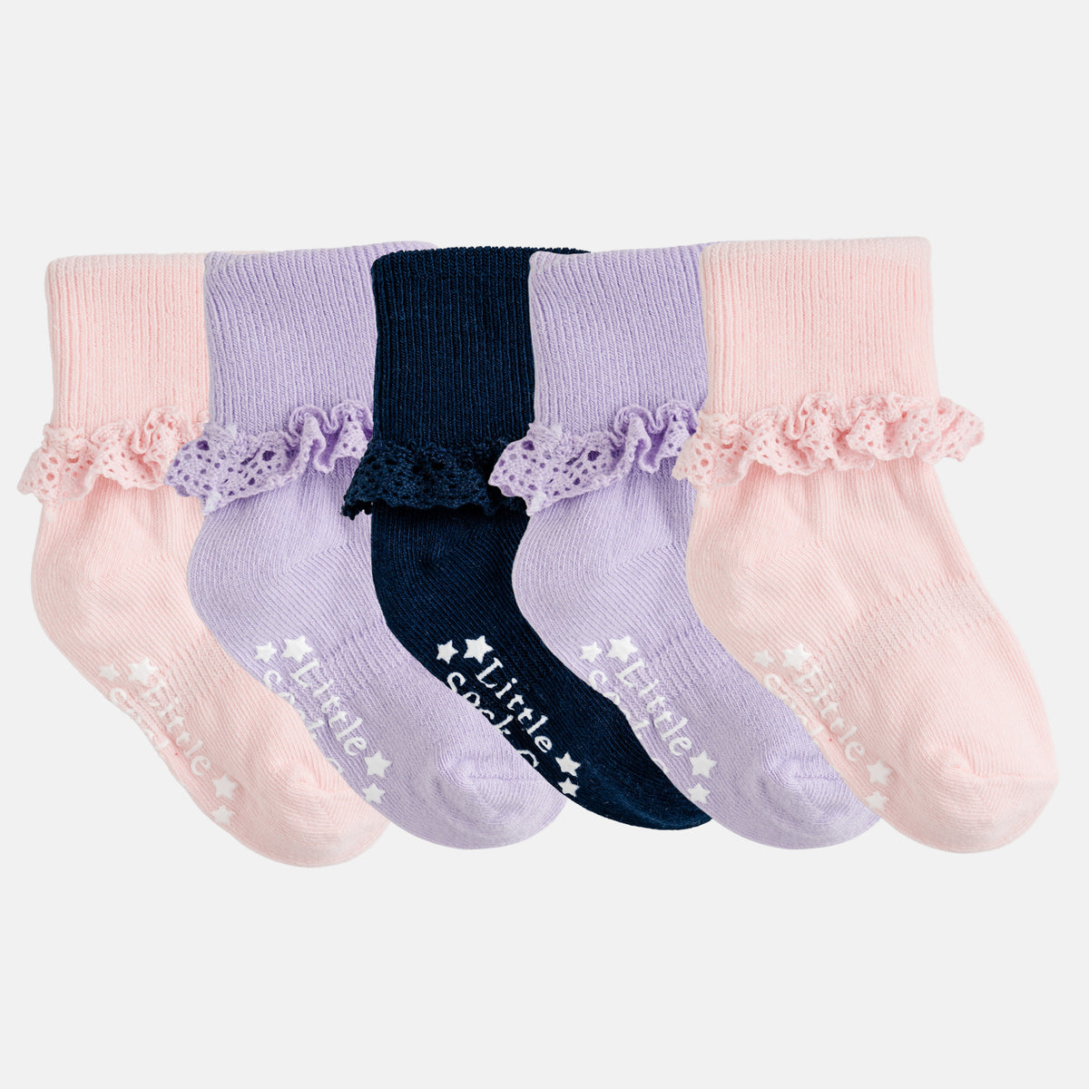 Frilly Non-Slip Stay-on Baby and Toddler Socks - 5 Pack in Amethyst, Navy and Pink Lemonade