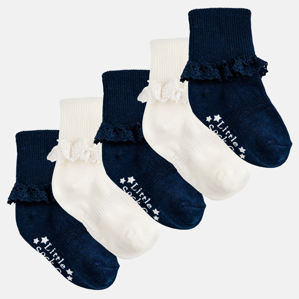 Frilly Non-Slip Stay-on Baby and Toddler Socks - 5 Pack in Navy and Pearl White