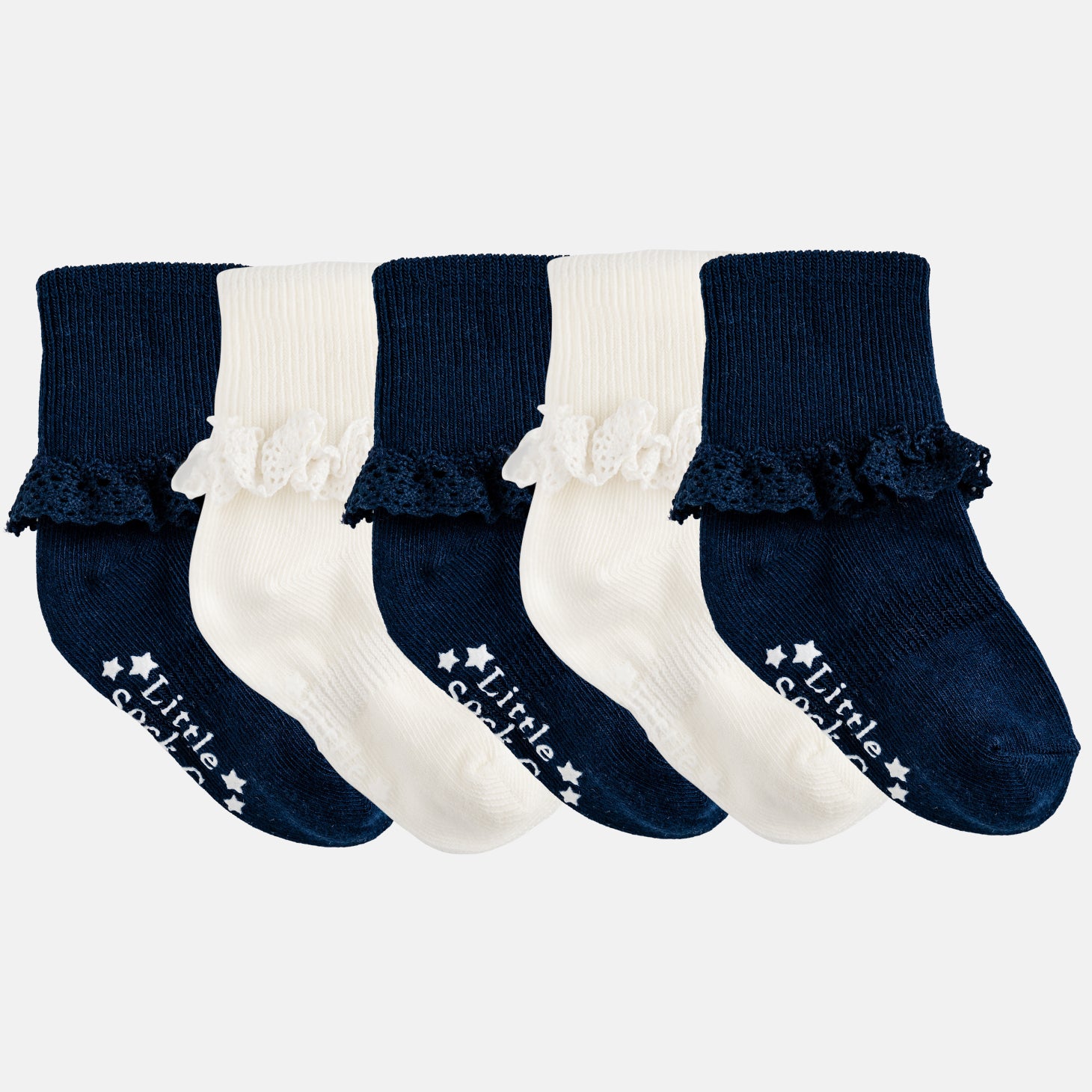 Frilly Non Slip Stay on Baby and Toddler Socks 5 Pack in Navy and Pearl White