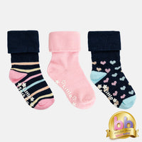 OUTLET - Non-Slip Stay On Baby and Toddler Socks - 3 Pack in Navy Rainbow, Navy hearts & Pink