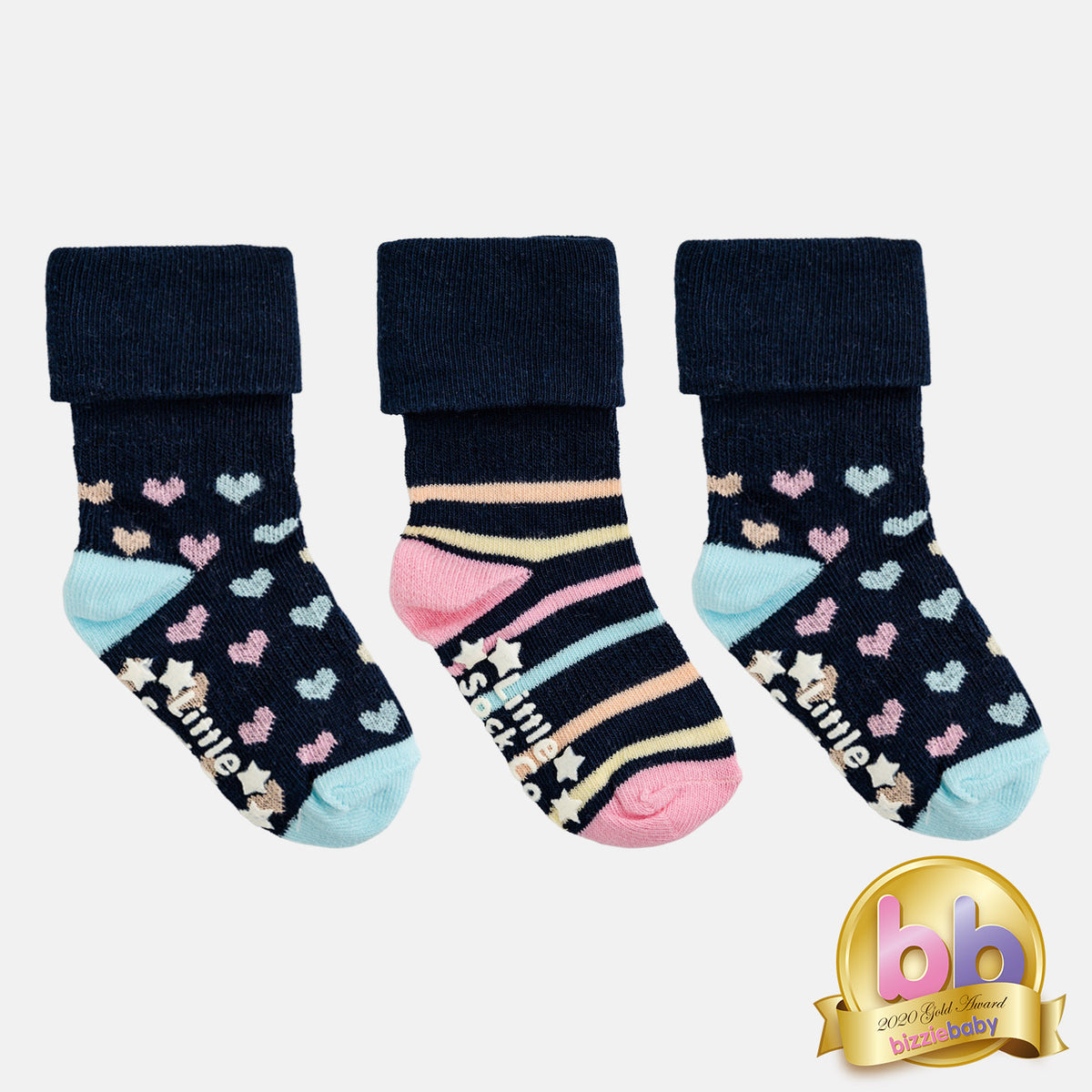 OUTLET Non-Slip Stay On Baby and Toddler Socks - 3 Pack in Navy Rainbow & Hearts